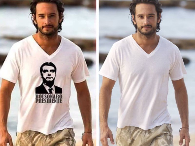 Comparação de duas fotografias lado a lado. Na imagem da esquerda, montagem do ator Rodrigo Santoro vestindo uma camiseta com a estampa 'Bolsonaro Presidente'. Na direita, imagem original, com a camiseta branca sem estampas.