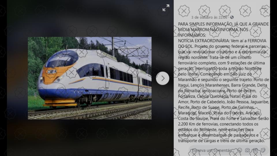 Post desinformativo no Facebook sobre Ferrovia do Sol com foto de trem de alta velocidade
