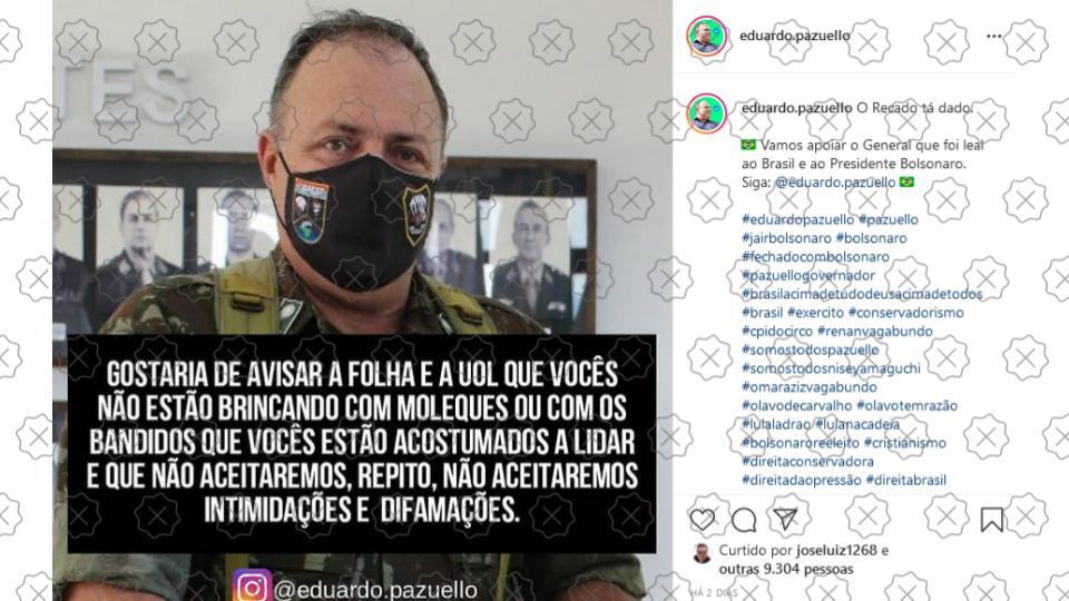 Foto de publicação de página de apoiadores do ex-ministro da Saúde Pazuello atribuindo erroneamente uma frase ao general