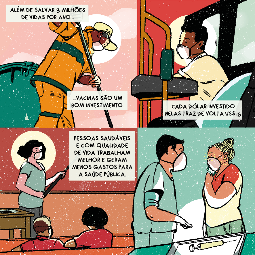Imagem de um gari, um trocador de ônibus e uma professora trabalhando. Narradora explica que vacinas salvam 3 milhões de vidas por ano
