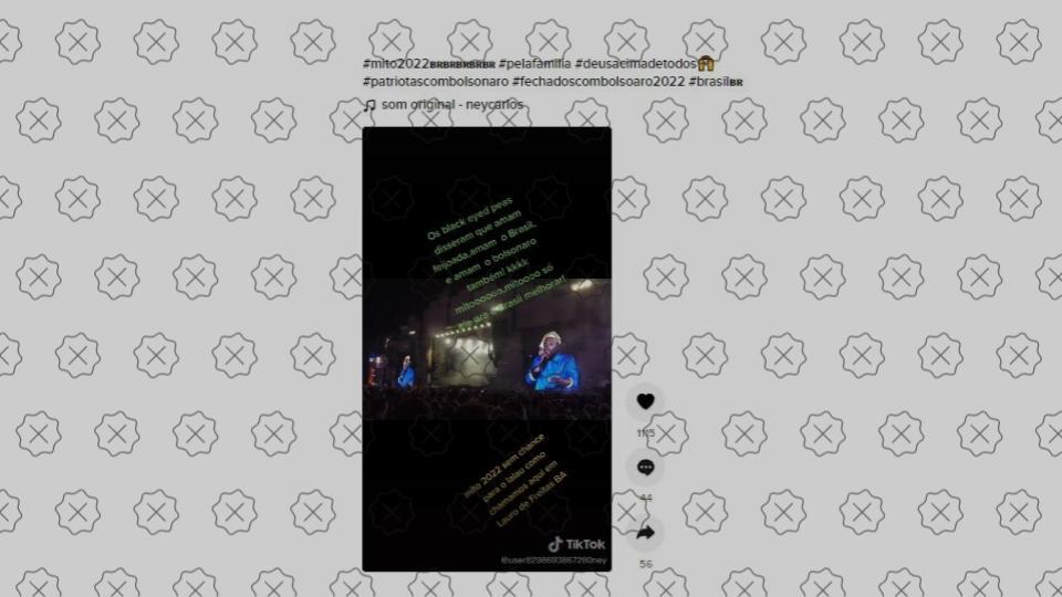 Com a marca d'água do selo falso, print da internet mostra show do Black Eyed Peas. Por cima, mensagem alega que a banda ama Bolsonaro