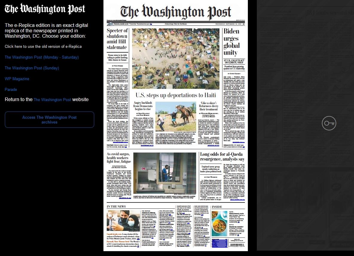 Edição impressa do Washington Post em 22 de setembro de 2021