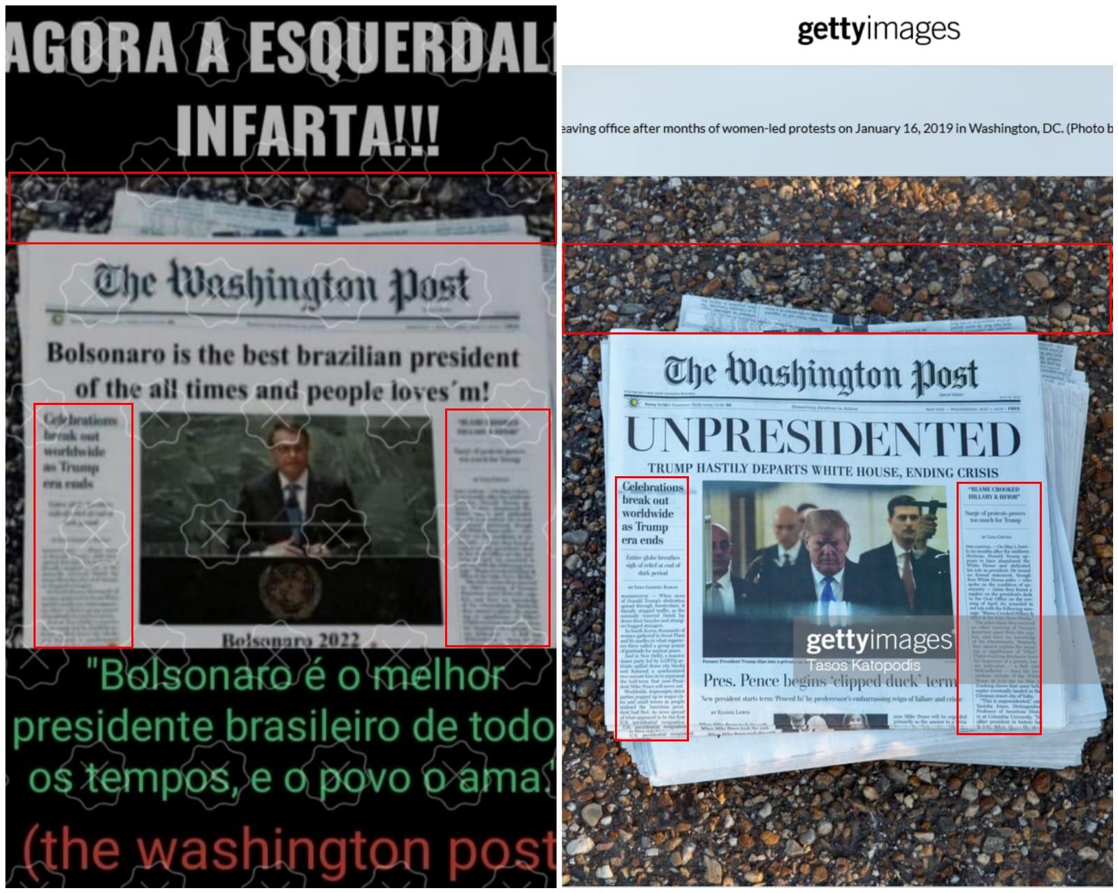 Capa falsa do Washington Post com Bolsonaro do lado esquerdo. Na direita, capa original com Trump