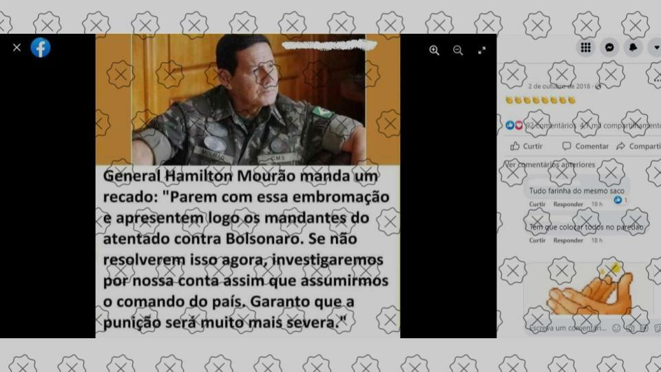 Postagem traz fala falsa de Mourão sobre atentado a Bolsonaro