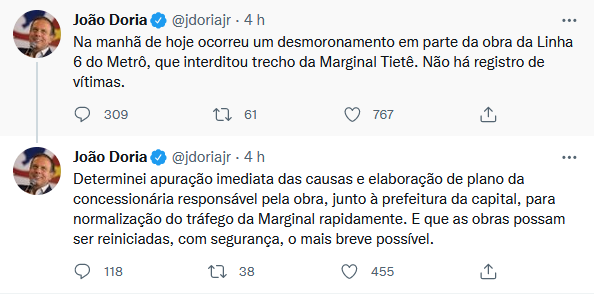 Tweets de Doria sobre o desabamento de trecho da Marginal Tietê