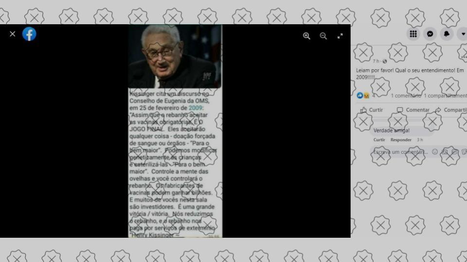 Postagem dissemina falso discurso de Kissinger sobre vacina