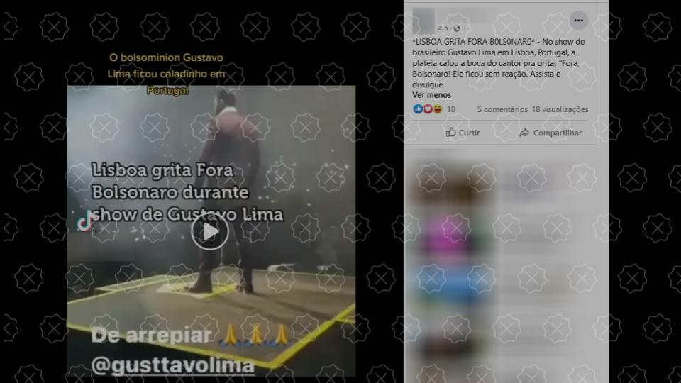 É montagem vídeo em que plateia grita “Fora Bolsonaro” em show de Gusttavo Lima em Lisboa