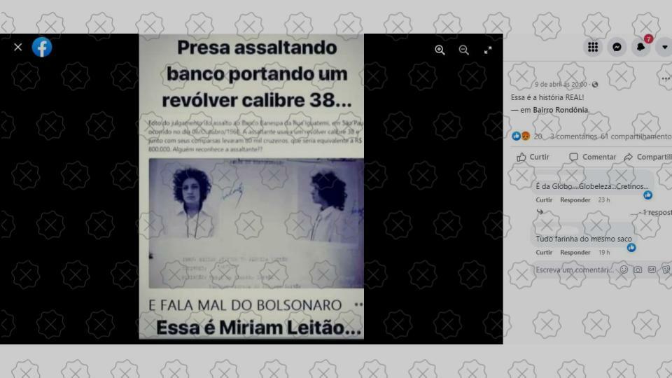 Postagem acusa Miriam Leitão de ter sido presa por assaltar banco, o que é falso