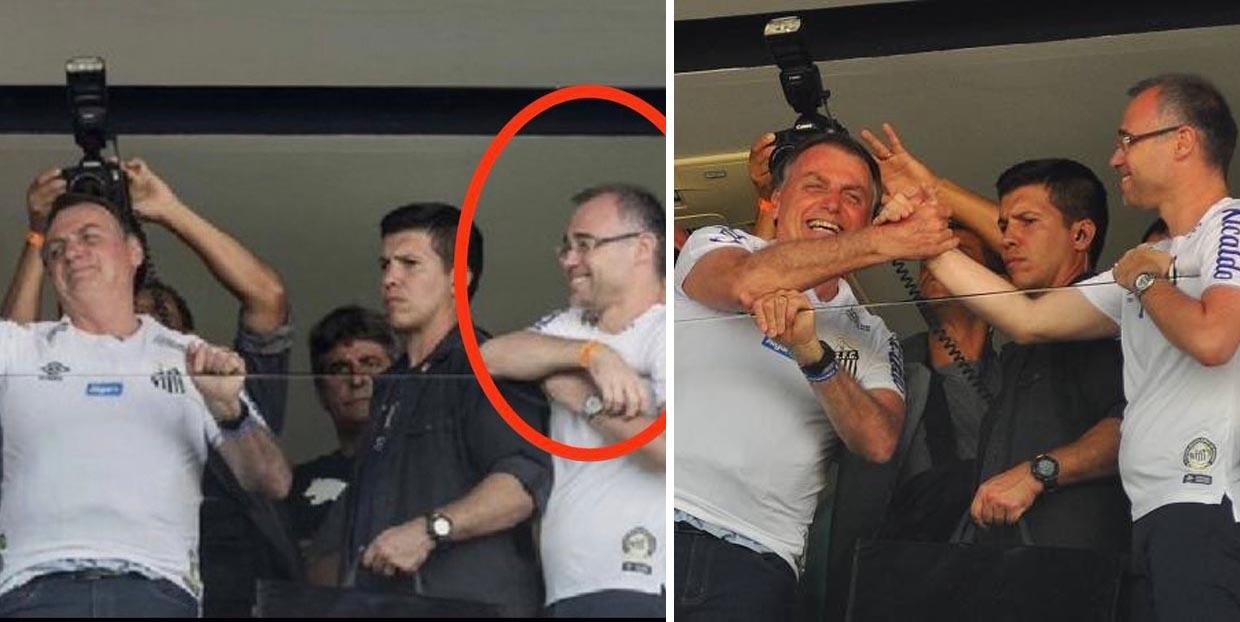 Em 2019, Bolsonaro e Mendonça usavam camiseta do Santos no camarote