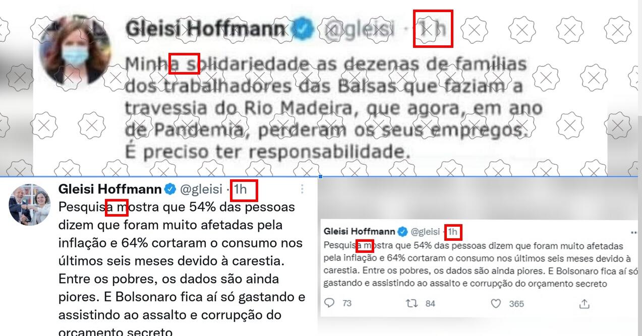 Comparativo entre o tweet falso e um tweet verdadeiro de Gleisi Hoffmann