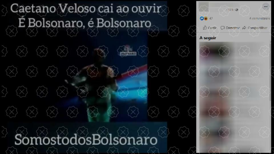 Vídeo que mostra Caetano Veloso caindo ao som de “É Bolsonaro” é montagem; no registro original não há manifestações políticas