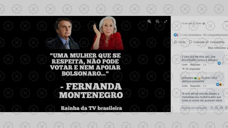 Frase contra Bolsonaro é atribuída à Fernanda Montenegro