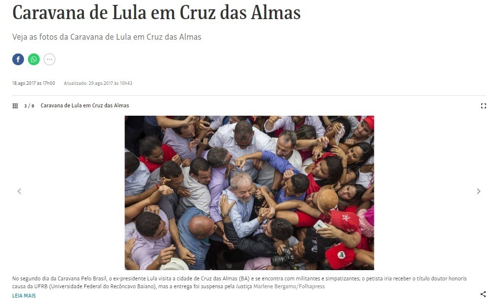 Reprodução do site da Folha de S. Paulo que mostra foto de Marlene Bergamo, com Lula cumprimentando apoiadores
