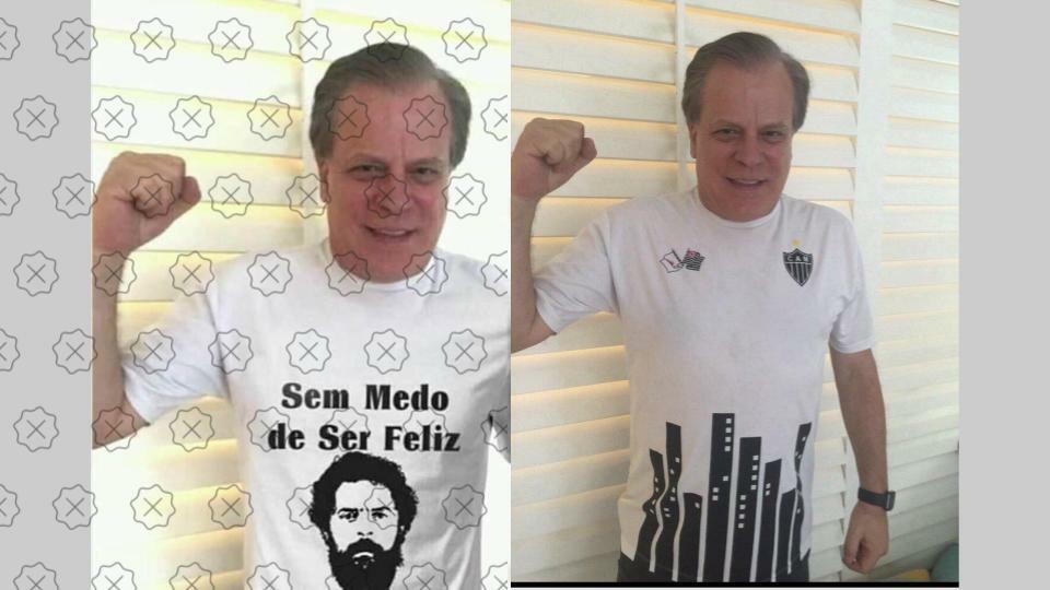 Comparação entre imagem falsa, com estampa de Lula, e foto original, com camisa do Atlético Mineiro.