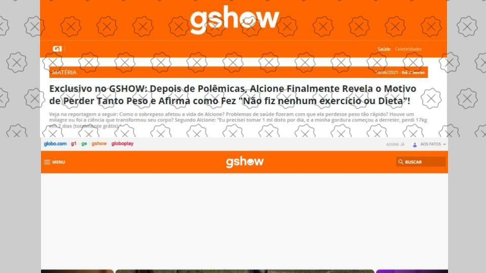 Montagem compara página falsa (acima com marca d’água) do GShow com site verdadeiro
