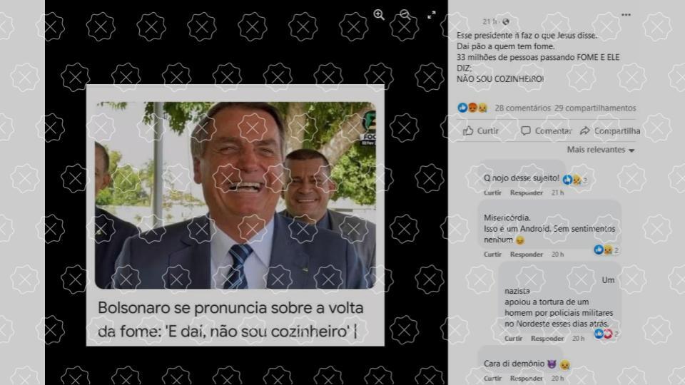 Publicação compartilha frase falsa de Bolsonaro sobre a fome no Brasil
