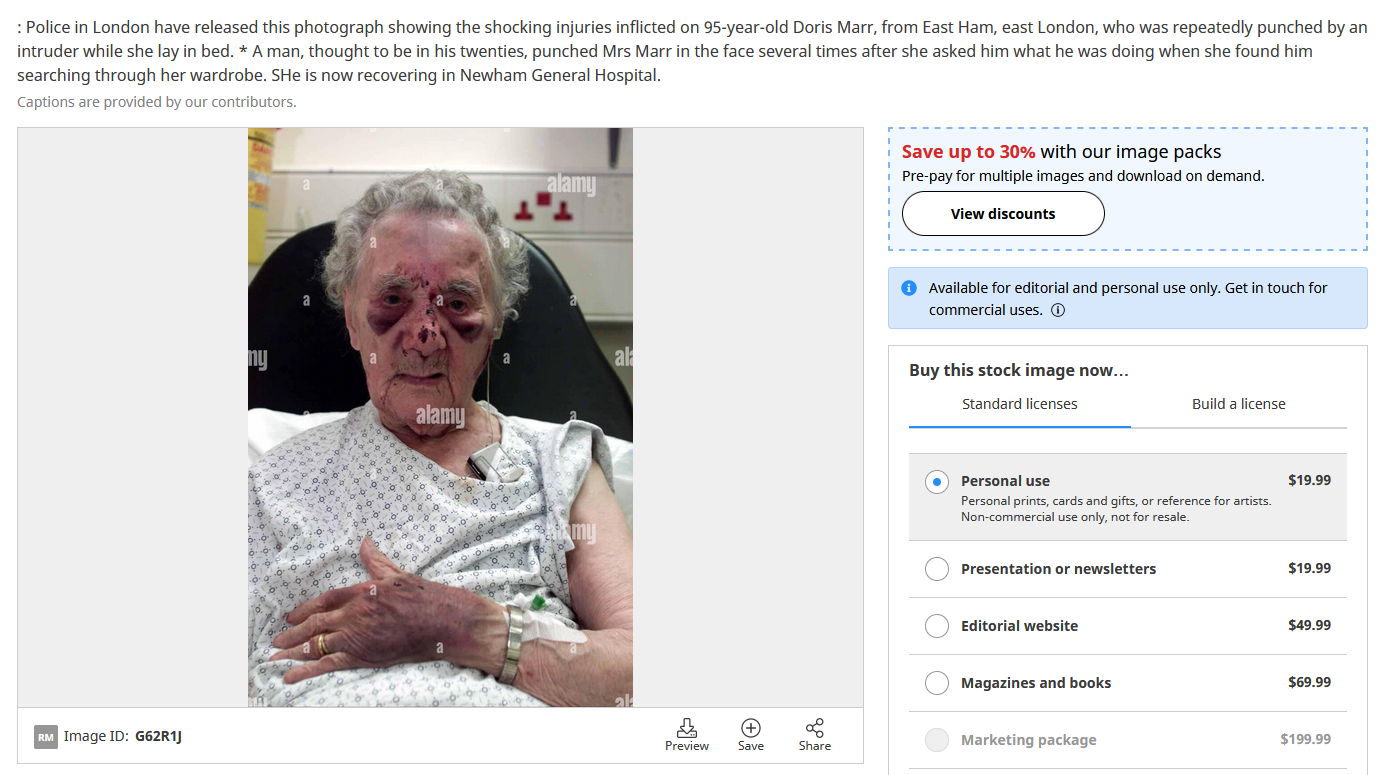 Reprodução da página do banco de imagens Alamy com a foto original que mostra Doris Marr, liberada pela polícia local.