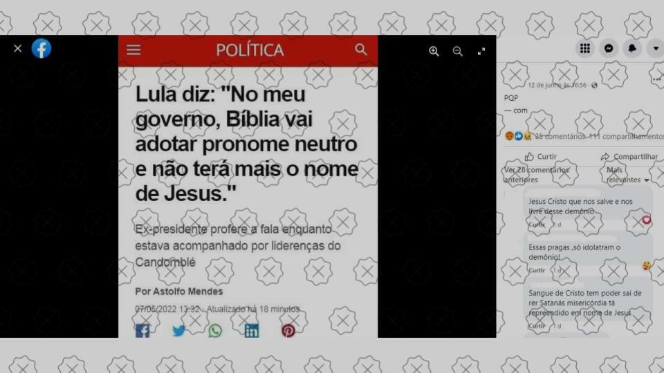 Montagem simula site do G1 para propagar falsa notícia de que Lula pretende adotar pronome neutro e tirar o nome de Jesus da bíblia