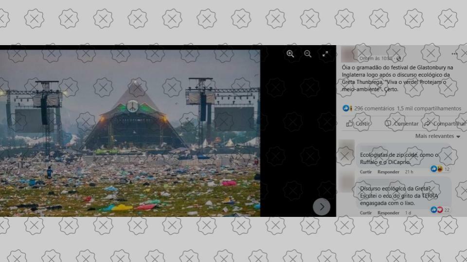 Posts difundem foto de lixo acumulado no festival Glastonbury em 2015, como se fosse após o discurso de Greta Thunberg em 2022, o que é falso.