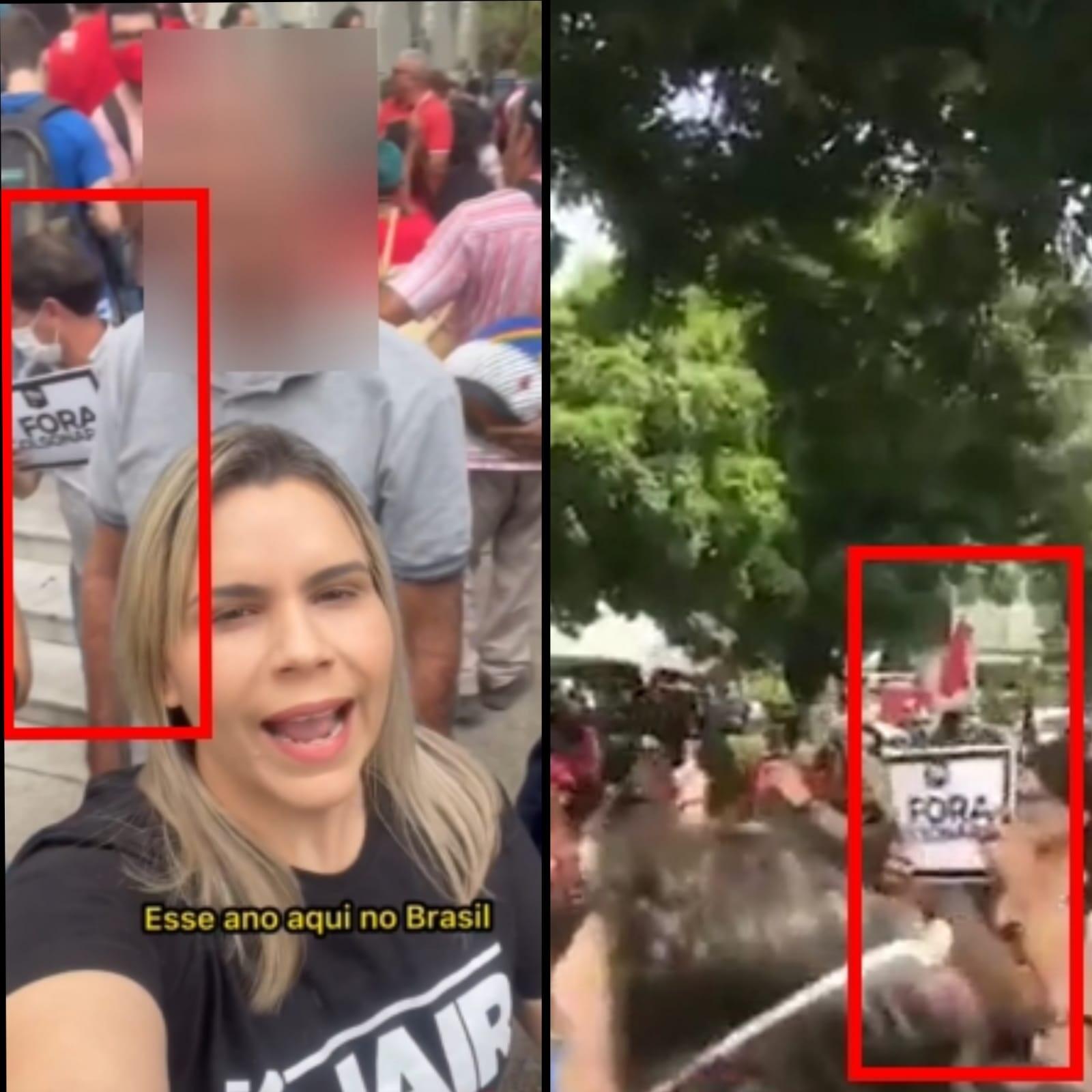Comparativo mostra elementos idênticos entre um frame do vídeo gravado pela deputada estadual Clarissa Tércio e um frame do vídeo difundido pelas peças checadas.