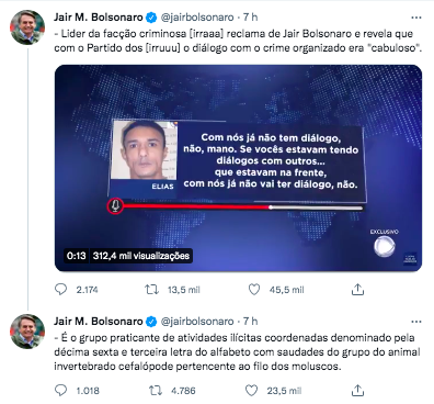Tuíte do presidente Jair Bolsonaro sugere associação entre PT e PCC