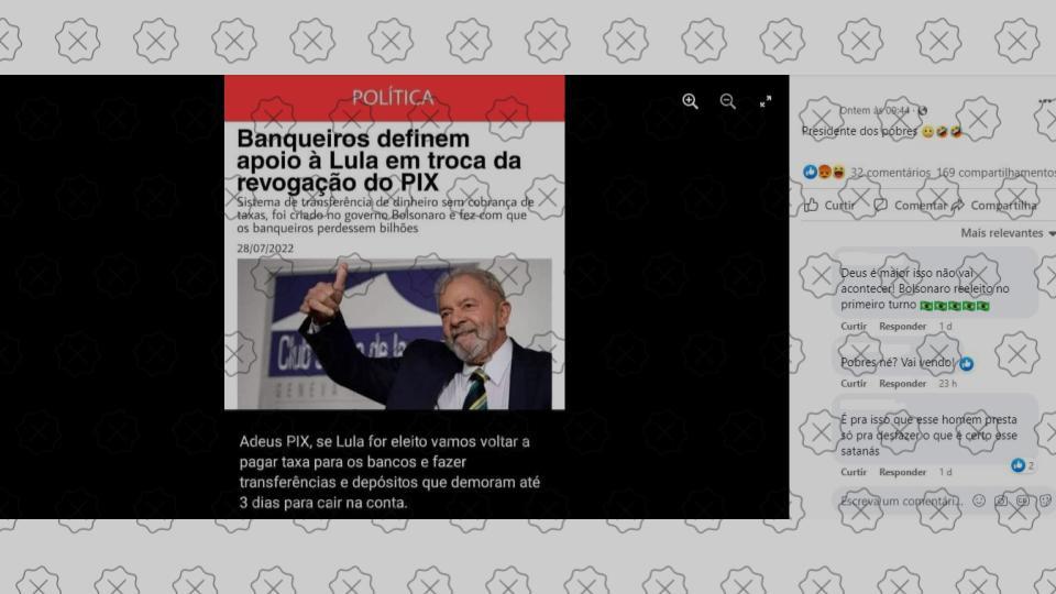 Imagem simula site do G1 para afirmar que banqueiros declararam apoio a Lula em troca da revogação do PIX