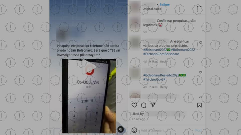 Posts difundem vídeo para alegar que pesquisa por telefone foi manipulada para desfavorecer o presidente Bolsonaro, mas não há qualquer registro no TSE.