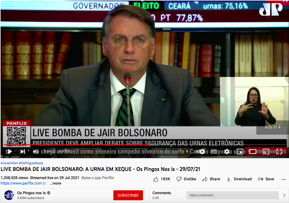 Printscreen de transmissão da live do presidente Jair Bolsonaro pelo canal do programa Os Pingos nos Is no dia 29/07/2021