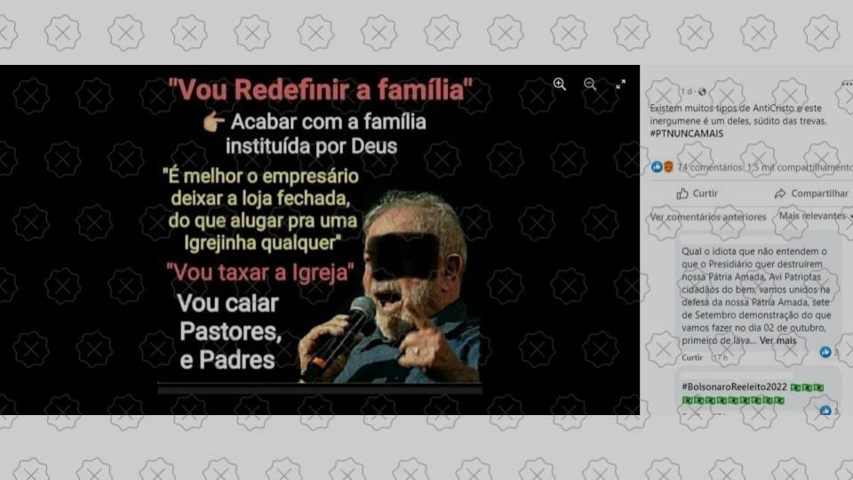 Imagem é compartilhada com frases falsas atribuídas a Lula sobre família e igrejas