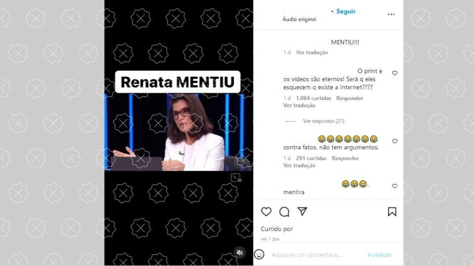 Print de vídeo viral com a apresentadora do Jornal Nacional, Renata Vasconcellos, e legenda enganosa 