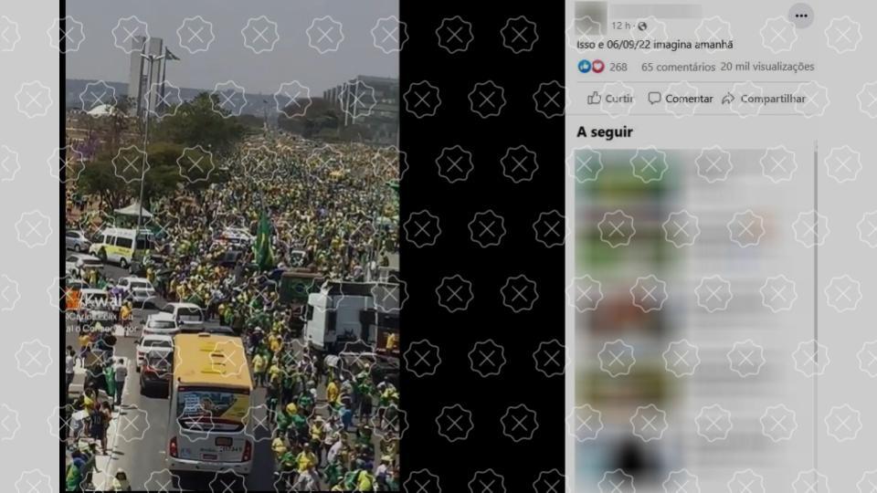 Vídeo que mostra pessoas vestidas de verde e amarelo na Esplanada dos Ministérios gravado em agosto circula como se fosse em 6 de setembro de 2022.