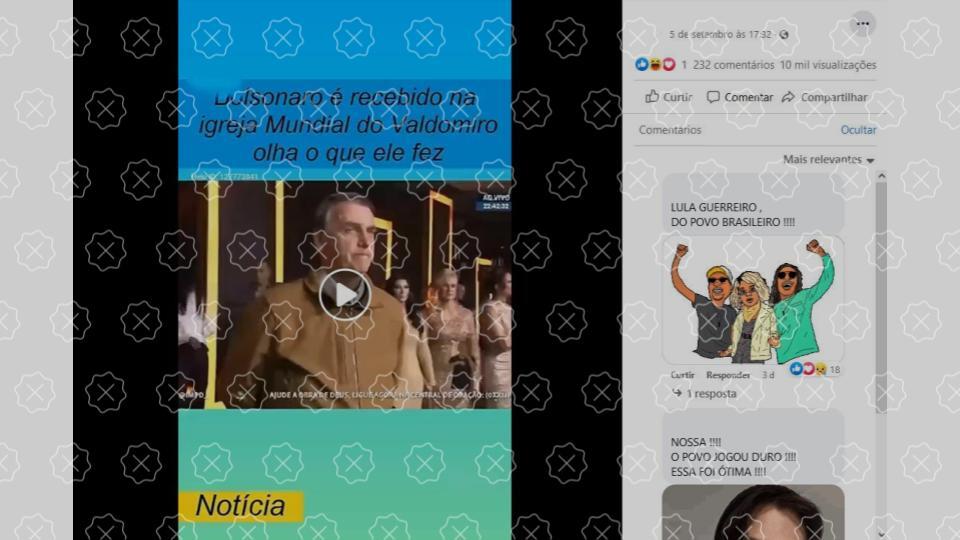 Print de vídeo de Bolsonaro em culto da Igreja Mundial, em São Paulo, que foi editado para incluir gritos de apoio a Lula 