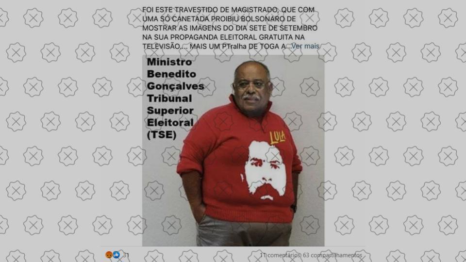 Montagem mostra ministro Benedito Gonçalves com blusa do Lula