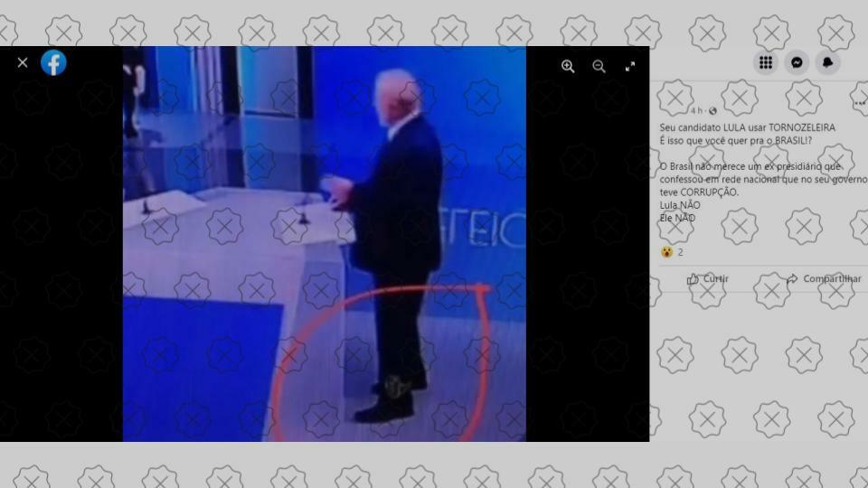 Imagem compartilhada nas redes é uma montagem que inseriu digitalmente um tornozeleira do ex-presidente Lula durante debate na Globo