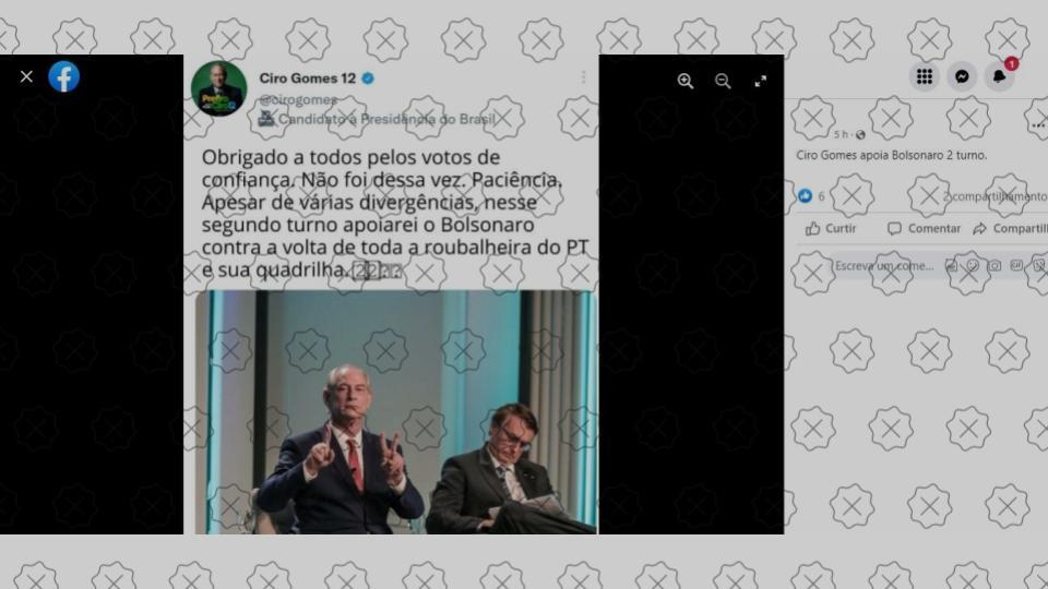 Postagem simula tuíte de Ciro Gomes para afirmar que ele declarou apoio a Jair Bolsonaro