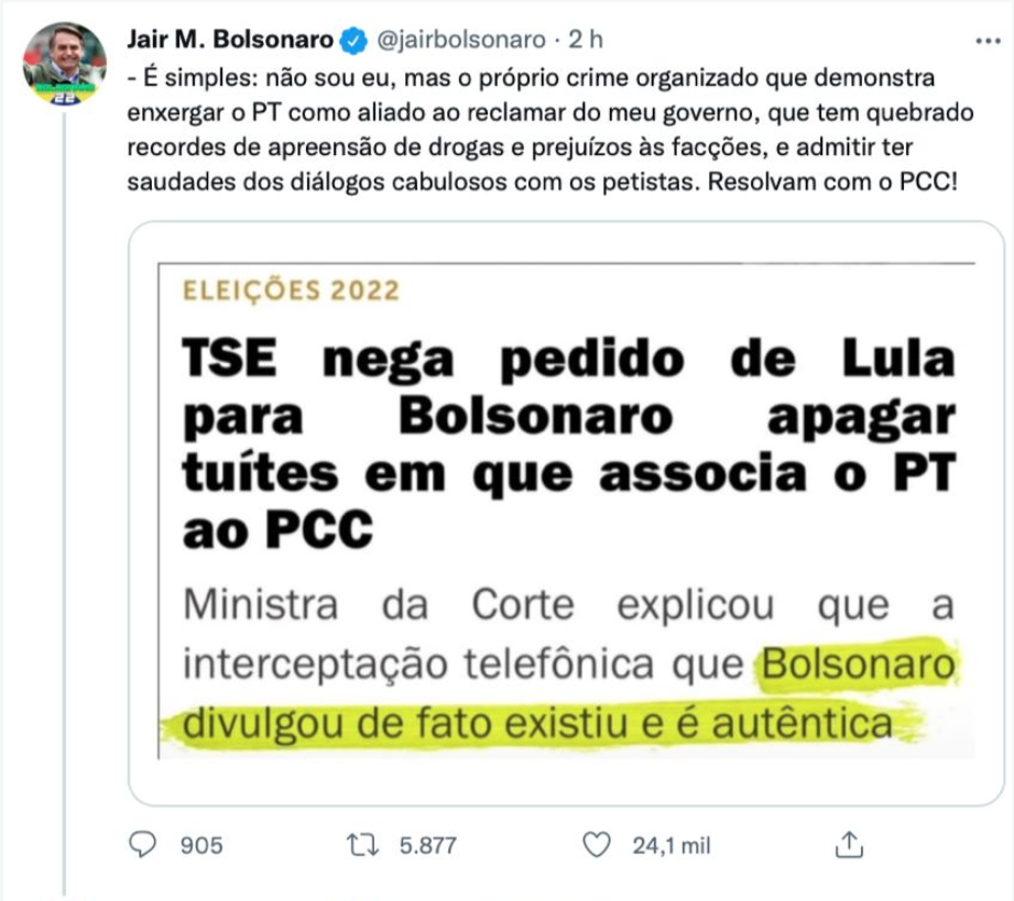 Print de tweet excluído de Bolsonaro associando PT ao PCC em 24 de agosto