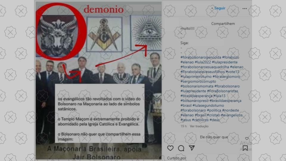 Reprodução de postagem desinformativa que engana ao dizer que Bolsonaro tirou foto em templo maçônico com imagem de Bafomé