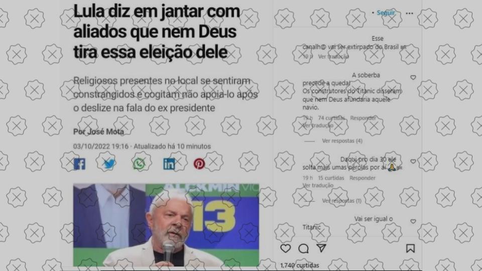 Montagem simula ‘G1’ para enganar que Lula disse que ‘nem deus tira essa eleição dele’