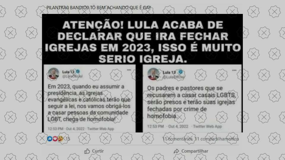 Postagem usa tweets falsos para sugerir que Lula irá perseguir igrejas se for eleito