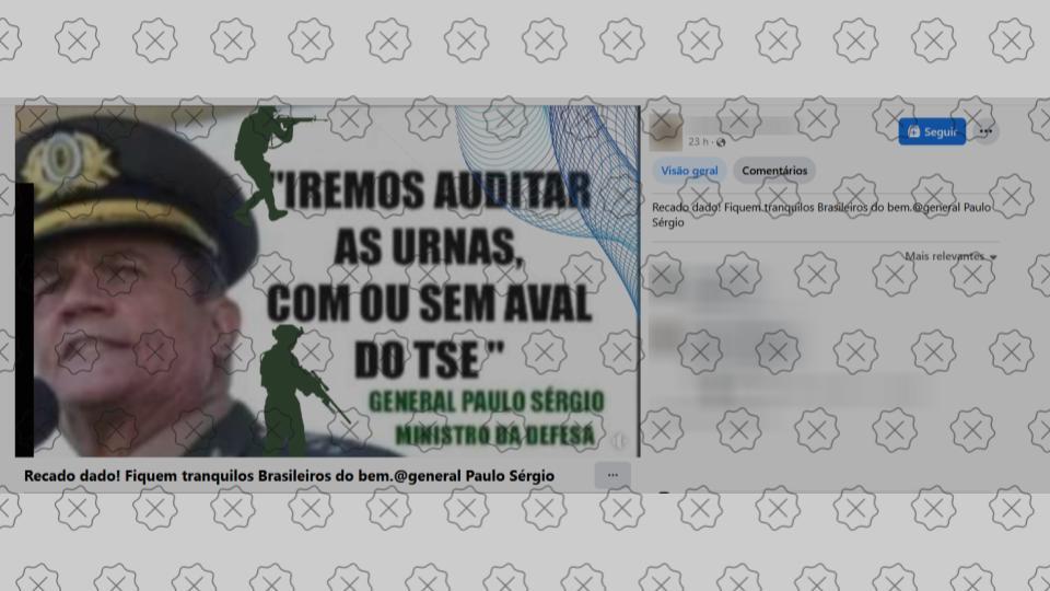 Vídeo que atribui de forma enganosa áudio ao ministro da Defesa, Paulo Sérgio Nogueira, com a legenda “Iremos auditar as urnas, com ou sem aval do TSE” 