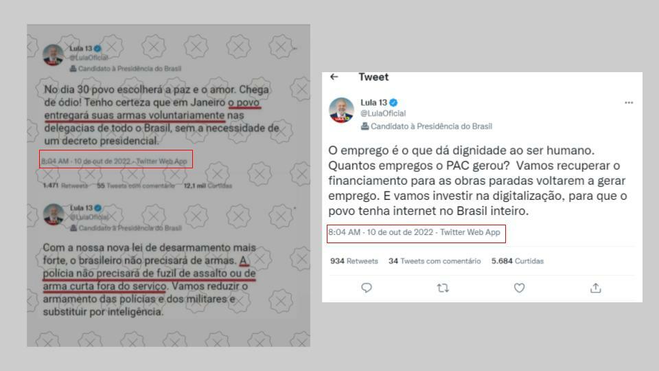 À esquerda, tuítes com frases que Lula nunca disse sobre armamento; à direita, o tuíte original, sobre emprego, PAC e internet