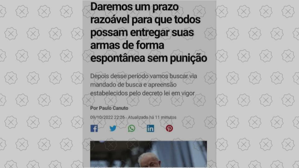 Reprodução de peça desinformativa que simula publicação do ‘G1’ e engana ao dizer que Lula declarou que brasileiros teriam que entregar suas armas