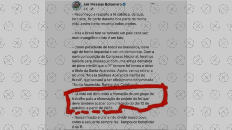Postagem falsa atribuída ao presidente Jair Bolsonaro com declaração sobre feriado de 12 de outubro