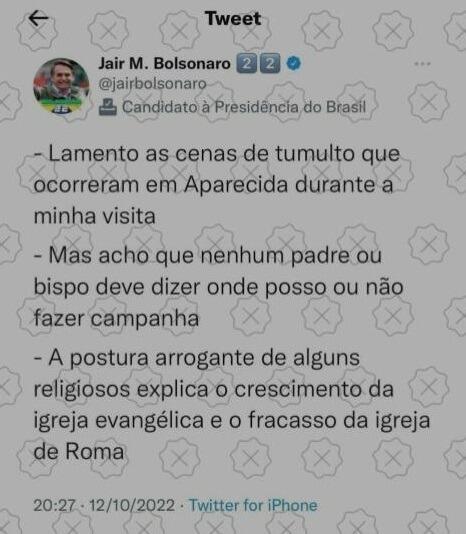 Reprodução de falso tuíte do presidente Jair Bolsonaro sobre padres e bispos não interferirem na campanha política