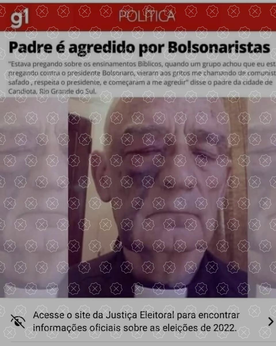 Posts difundem simulação de reportagem do ‘G1’ para alegar que padre foi agredido por bolsonaristas em Candiota (RS), o que é falso