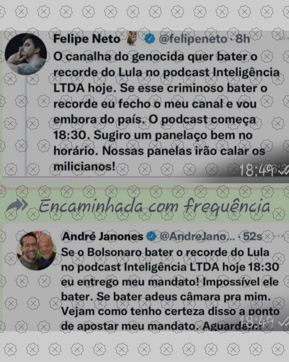 Falsos tuítes de Felipe Neto e de Janones sobre recorde de audiência de Bolsonaro em podcast