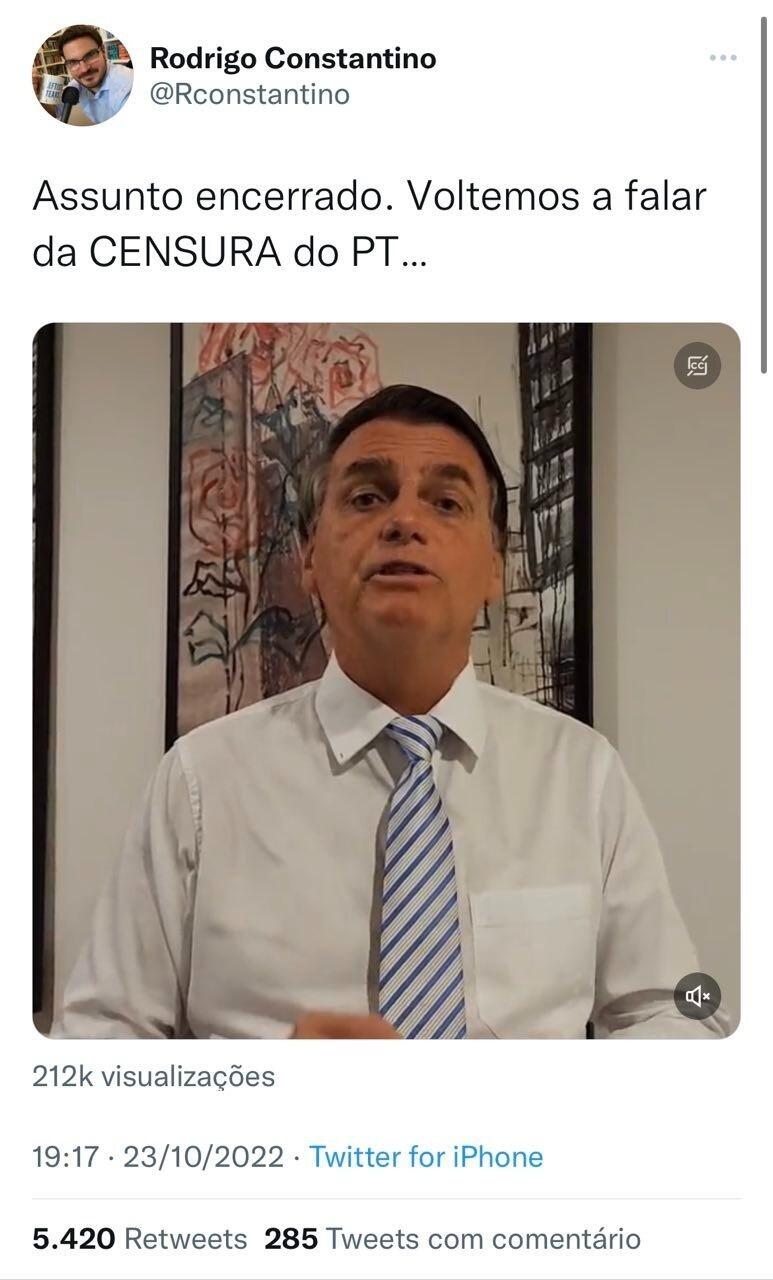 Constantino reproduziu posicionamento de Bolsonaro em retweet