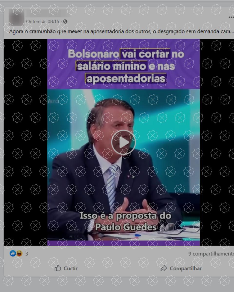 Posts difundem vídeo manipulado para alegar que Bolsonaro disse que cortará 25% dos salários e aposentadorias, o que é falso