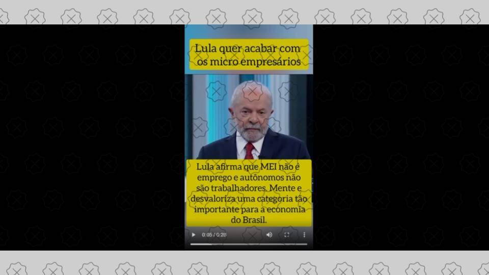Vídeo de Lula no debate da Globo com a alegação enganosa de que ele não considera MEIs trabalhadores e vai acabar com a modalidade