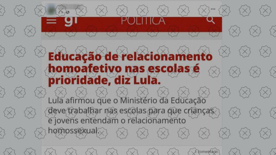 Simulação de notícia do G1 diz que Lula defendeu priorizar o ‘ensino de relacionamento homoafetivo’ em escolas, o que é falso